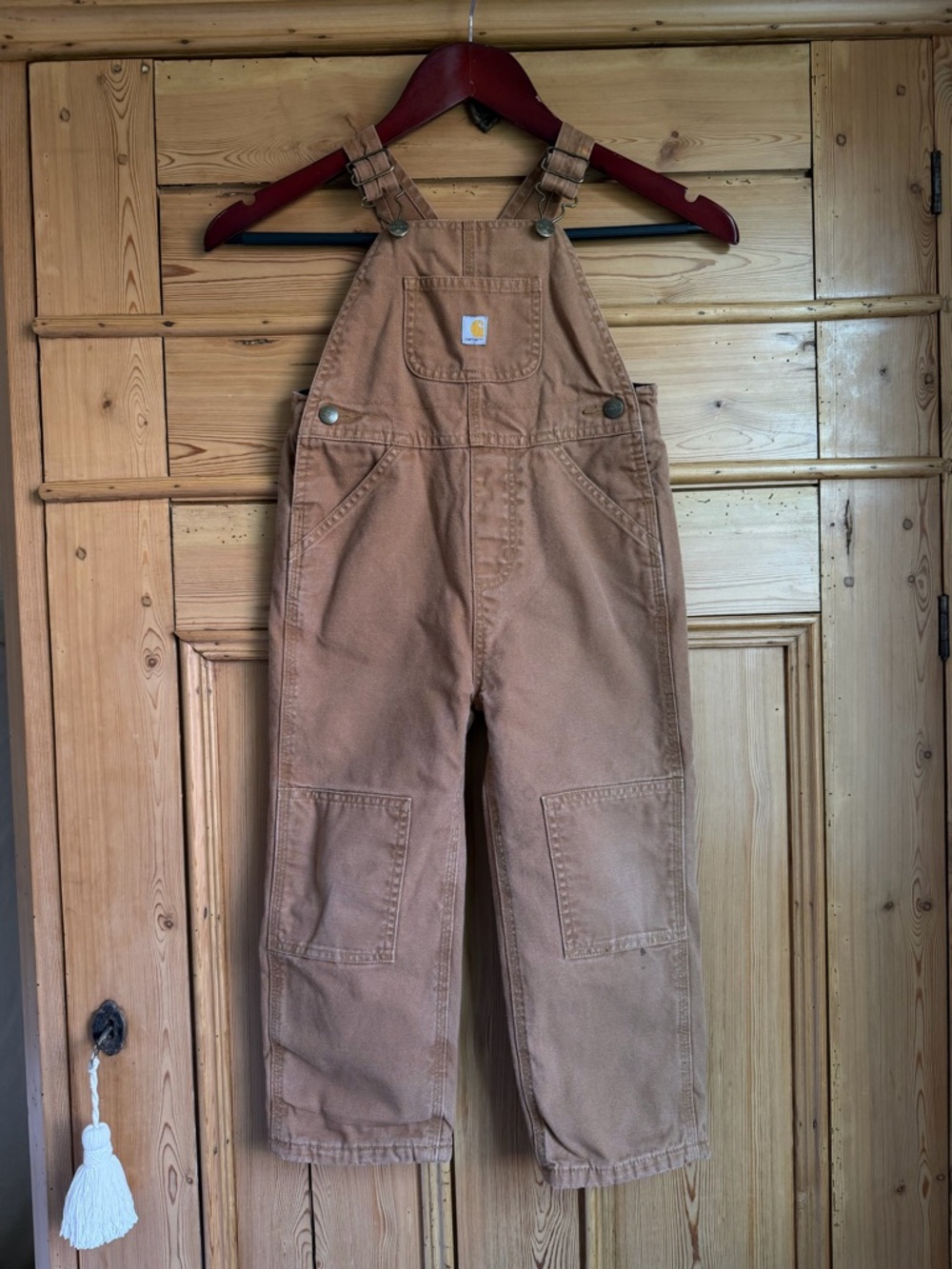 Carhartt Tan/Brown Duck Overalls with Blue Plaid Lining